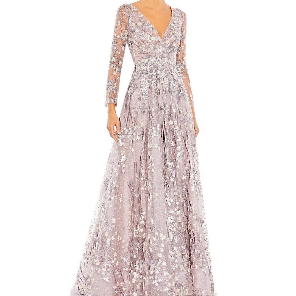 Mac Duggal 20402 Embellished Wrap Over Illusion Long Sleeve Gown Lilac Size 4